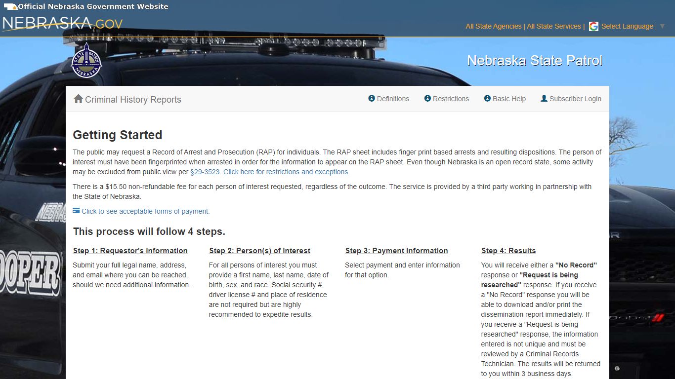 Nebraska State Patrol - Limited Criminal History Searches